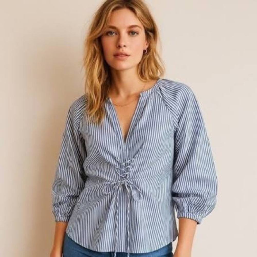 Tibi - Blue and White Striped Tie Waist Blouse